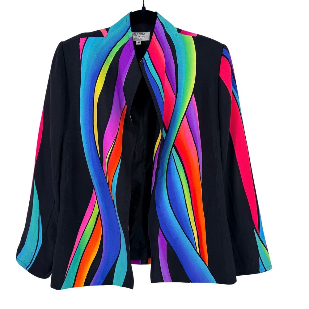Vtg Yolanda Loreme Hand Painted Silk Jacket Sz M Rainbow Abstract Art Blazer